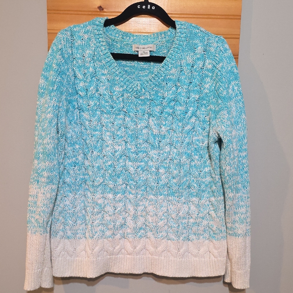 Liz Claiborne Cable Knit Sweater Women's XL Turquoise White Marled‎ V-Neck GUC